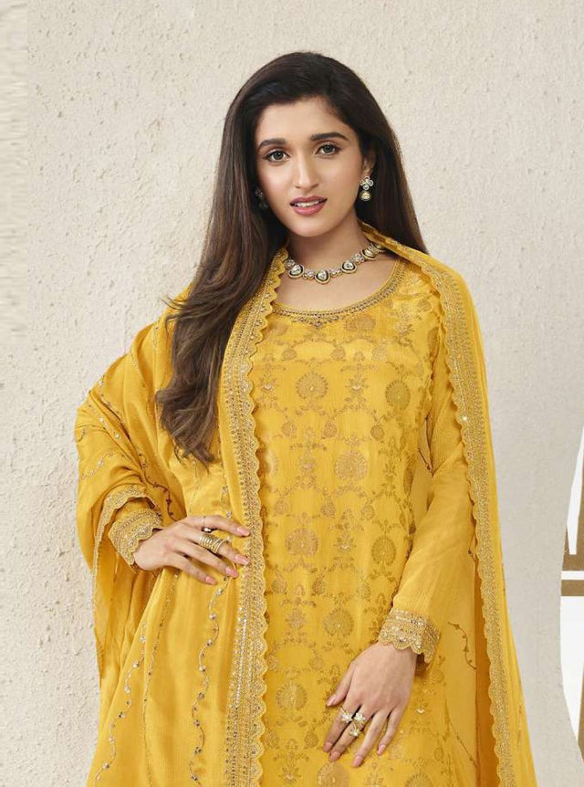 Women's Yellow Embroidered Chinon Jacquard PalazzoSuit Set