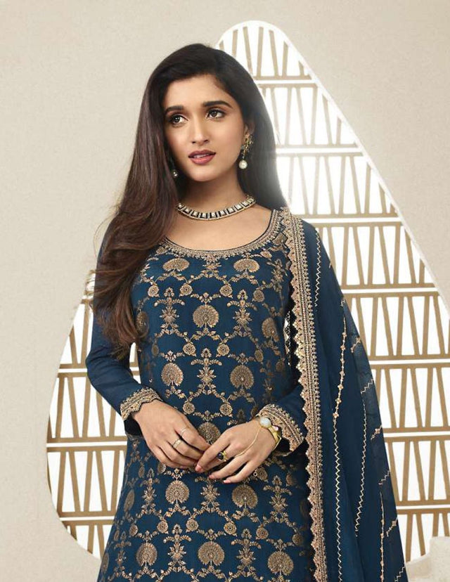 Free Size Stitched Women's Blue Embroidered Chinon Jacquard PalazzoSuit Set (RF27554)