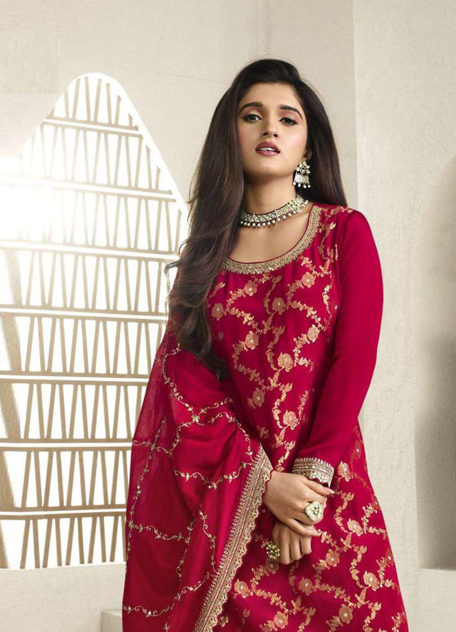 Free Size Stitched Women's Red Embroidered Chinon Jacquard PalazzoSuit Set (RF27557)