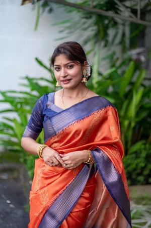 Women's Orange Raw Silk Zari Woven Saree