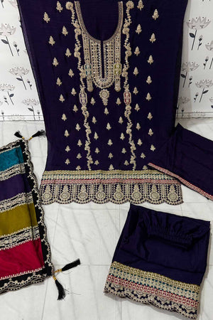 Purple Embroidered Santoon Palazzo Suit Set