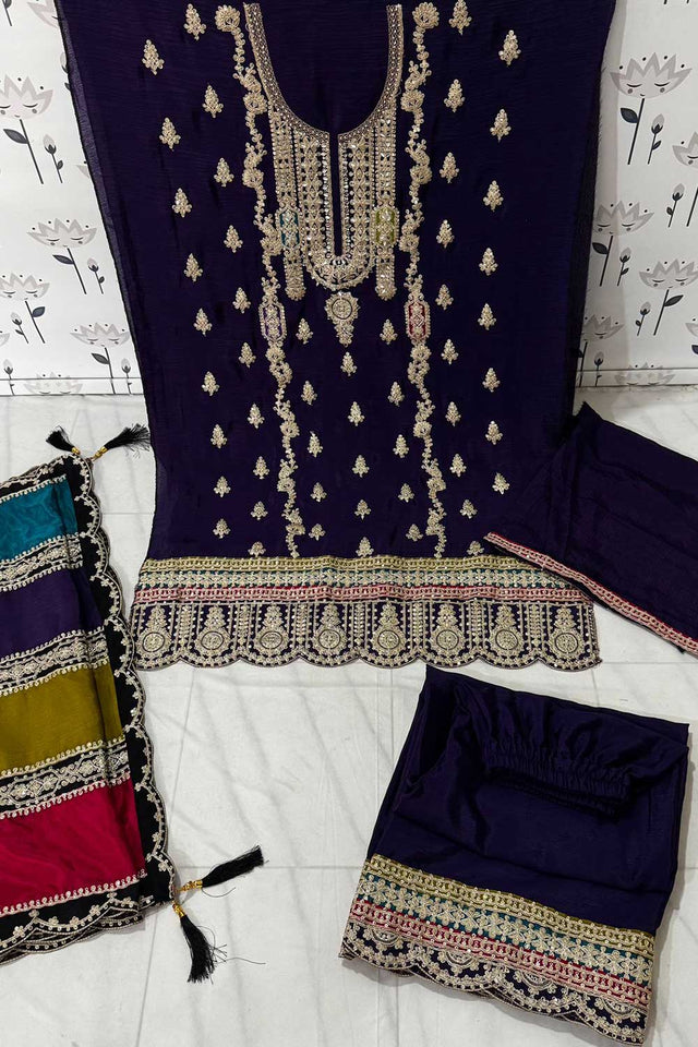 Purple Embroidered Santoon Palazzo Suit Set