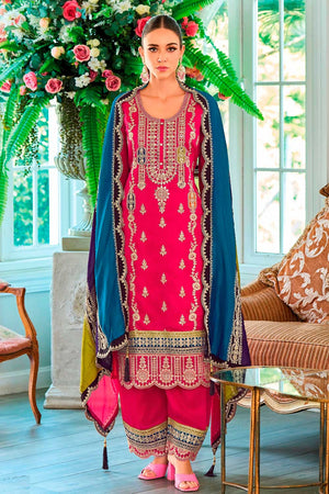 Pink Embroidered Santoon Palazzo Suit Set