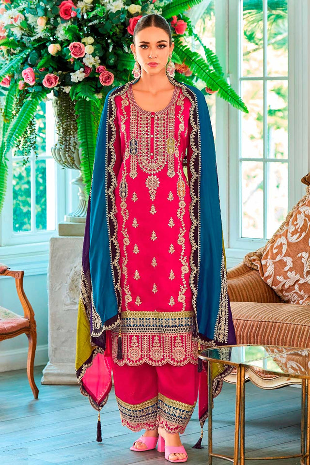 Pink Embroidered Santoon Palazzo Suit Set