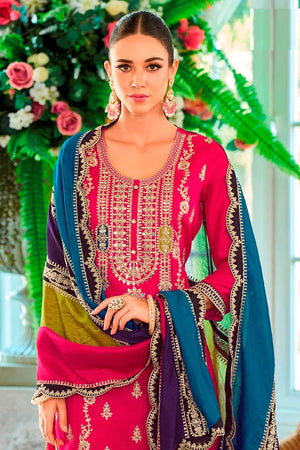 Pink Embroidered Santoon Palazzo Suit Set