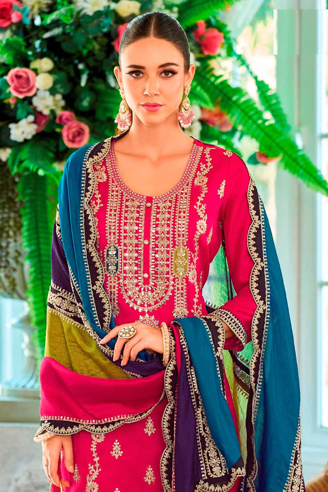 Pink Embroidered Santoon Palazzo Suit Set
