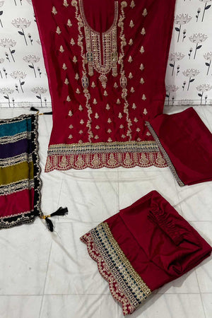 Pink Embroidered Santoon Palazzo Suit Set