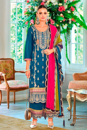 Blue Embroidered Santoon Palazzo Suit Set