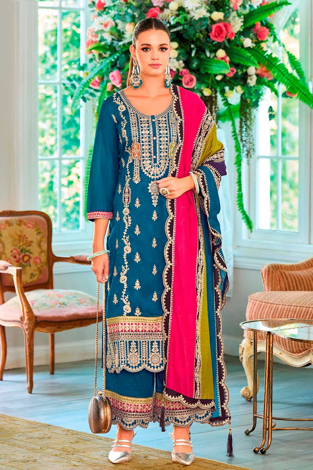 Blue Embroidered Santoon Palazzo Suit Set