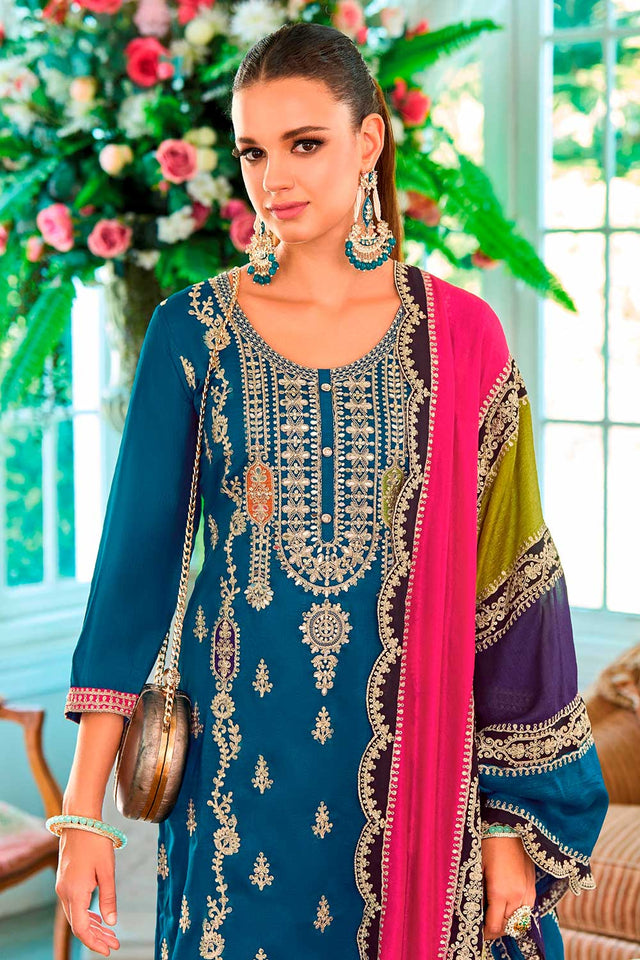 Blue Embroidered Santoon Palazzo Suit Set