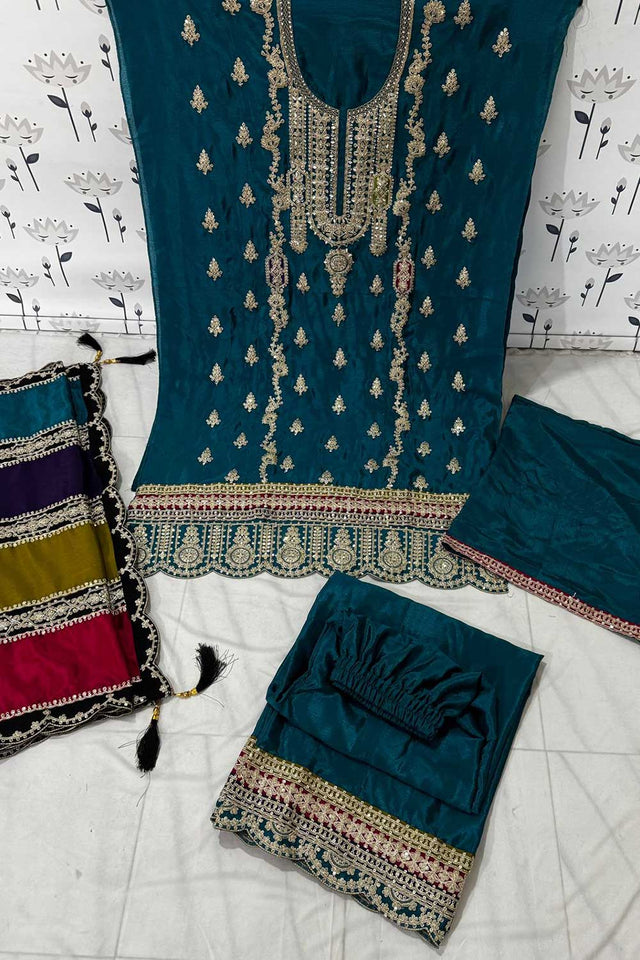 Blue Embroidered Santoon Palazzo Suit Set