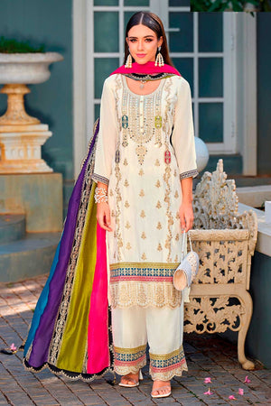 Beige Embroidered Santoon Palazzo Suit Set (RF28846)