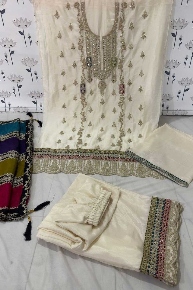 Beige Embroidered Santoon Palazzo Suit Set (RF28846)