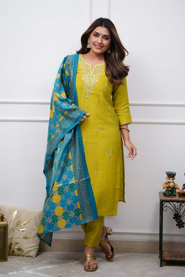 Green Embroidered Silk Straight Cut Suit Set