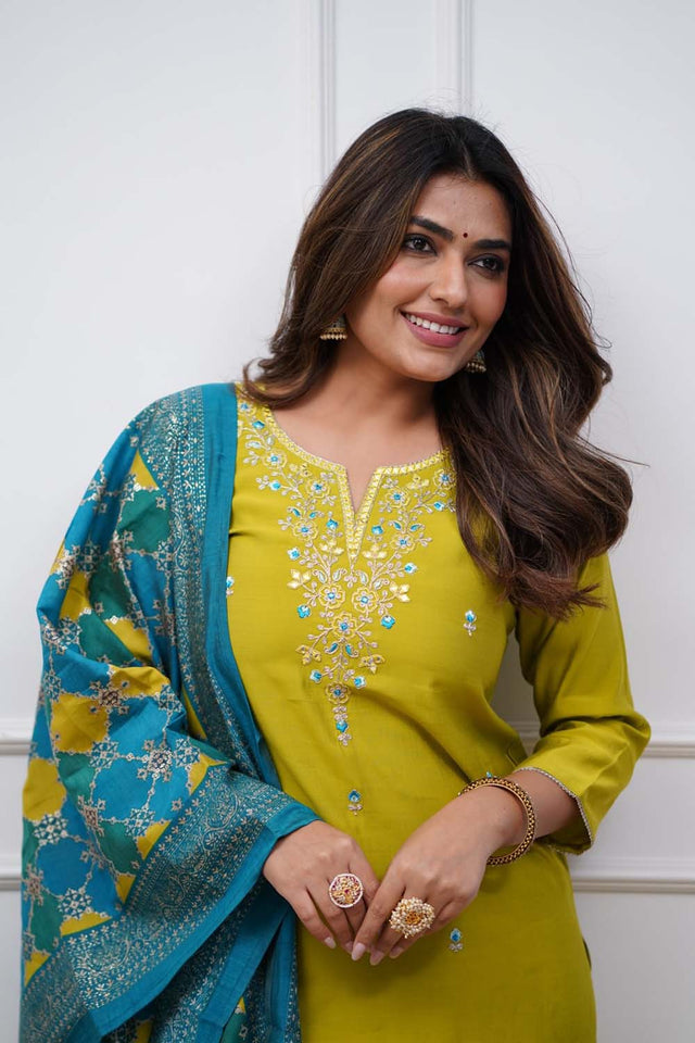 Green Embroidered Silk Straight Cut Suit Set