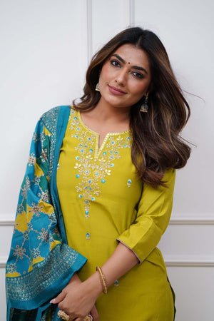 Green Embroidered Silk Straight Cut Suit Set
