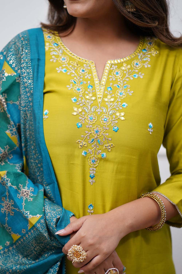 Green Embroidered Silk Straight Cut Suit Set