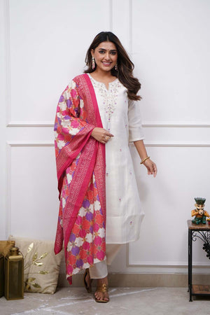 White Embroidered Silk Straight Cut Suit Set