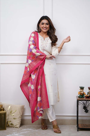 White Embroidered Silk Straight Cut Suit Set