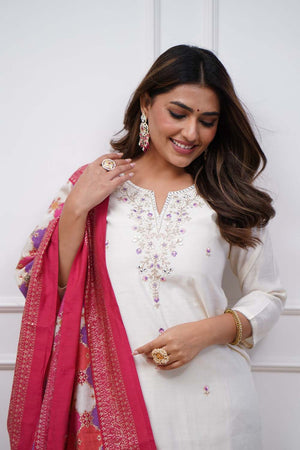 White Embroidered Silk Straight Cut Suit Set