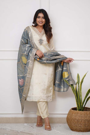 Beige Embroidered Chanderi Straight Cut Suit Set