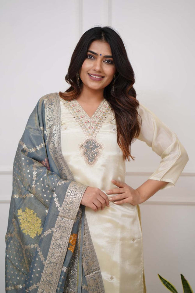 Beige Embroidered Chanderi Straight Cut Suit Set