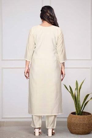 Beige Embroidered Chanderi Straight Cut Suit Set