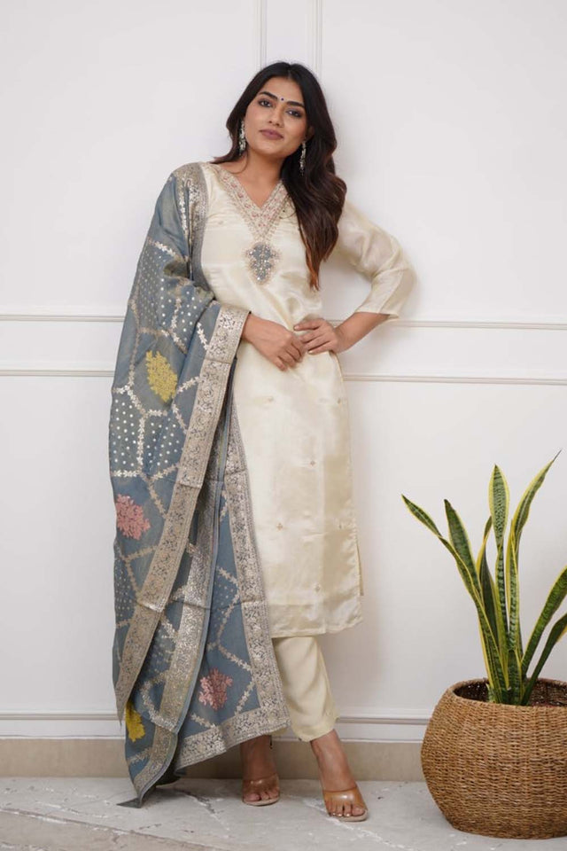 Beige Embroidered Chanderi Straight Cut Suit Set