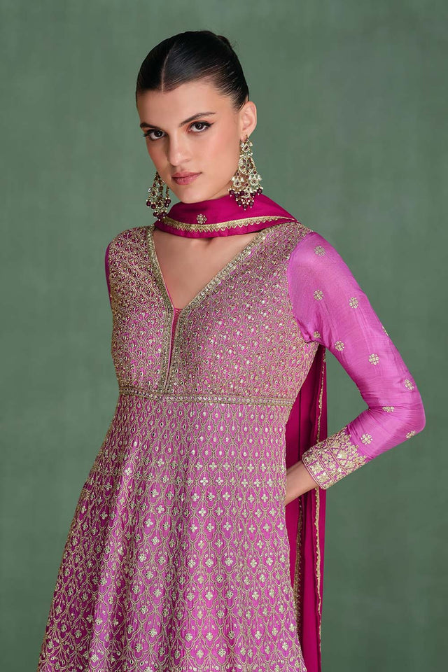 Violet Floral Sequin with Embroidered Georgette Anarkali Suit Set