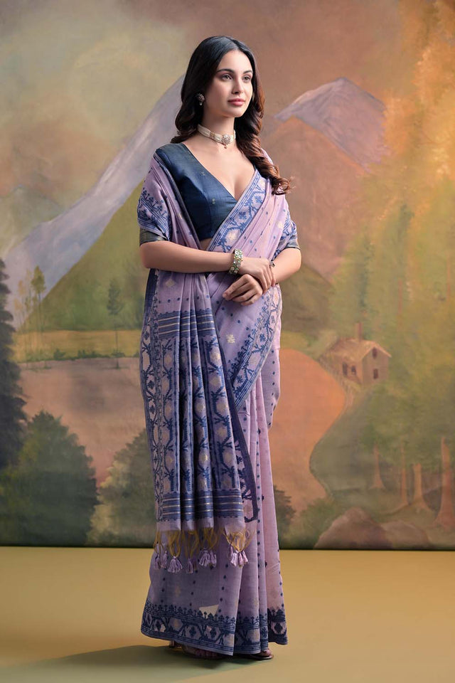 Violet Geometric Printed Woven Soft Muga Cotton Saree