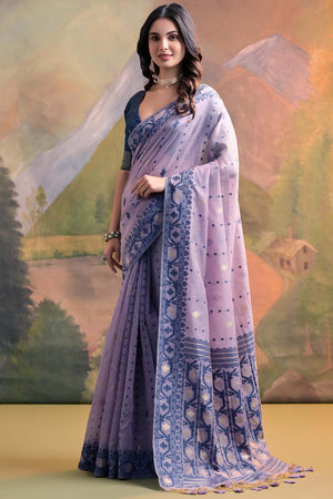 Violet Geometric Printed Woven Soft Muga Cotton Saree