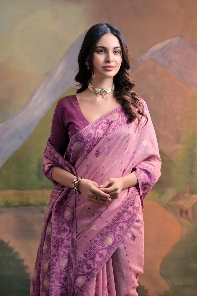 Pink Geometric Printed Woven Soft Muga Cotton Saree