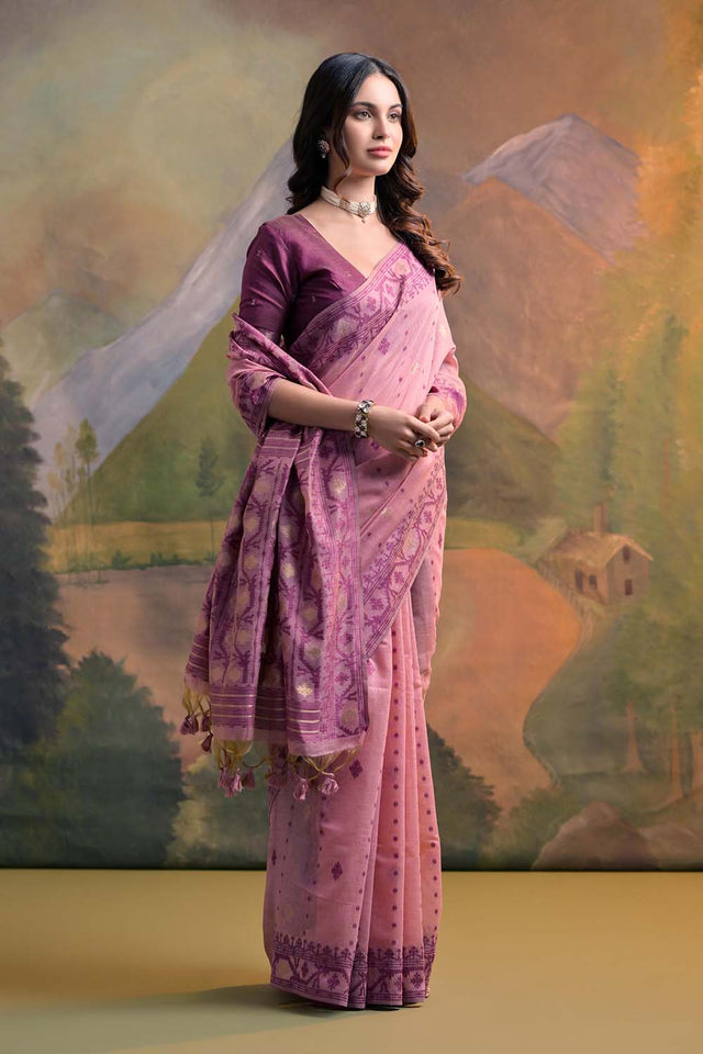 Pink Geometric Printed Woven Soft Muga Cotton Saree