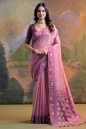 Pink Geometric Printed Woven Soft Muga Cotton Saree