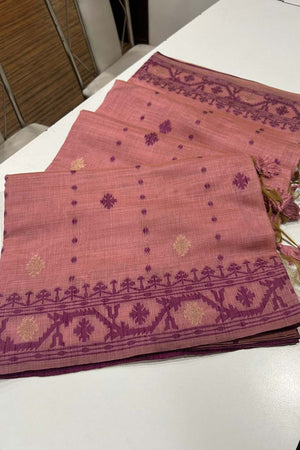 Pink Geometric Printed Woven Soft Muga Cotton Saree
