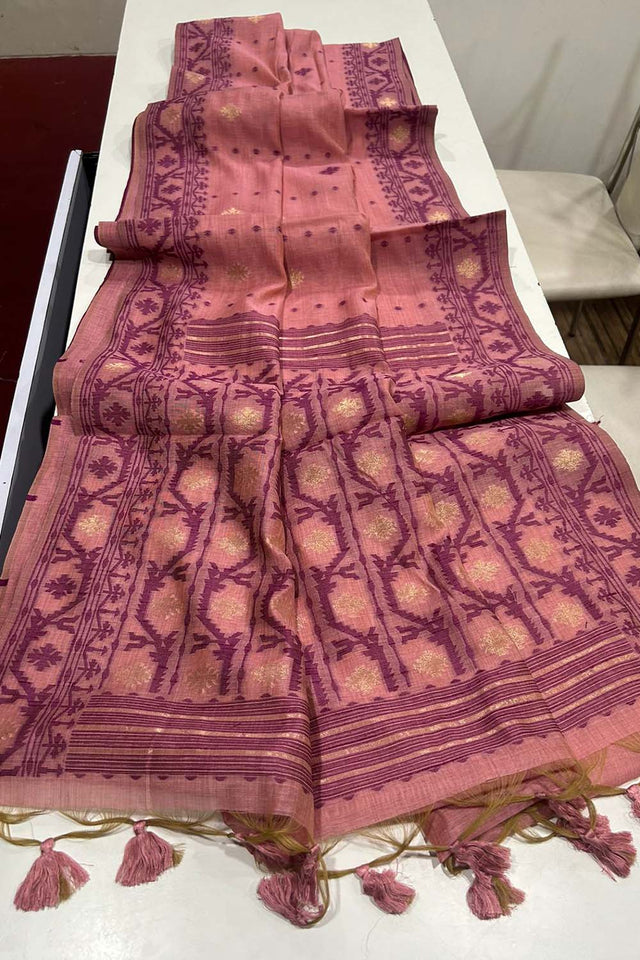 Pink Geometric Printed Woven Soft Muga Cotton Saree
