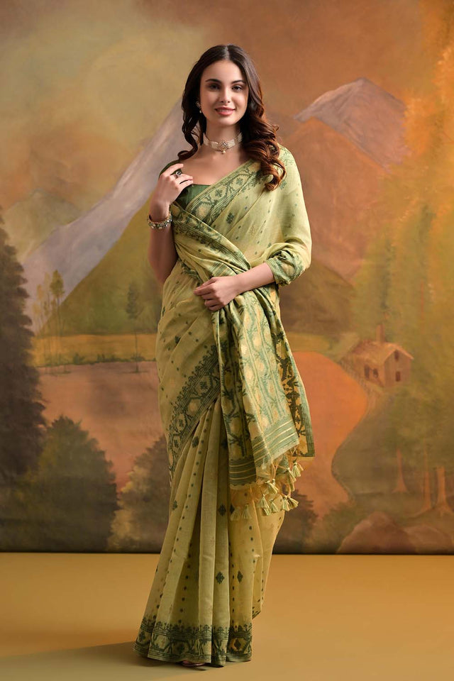 Green Geometric Printed Woven Soft Muga Cotton Saree