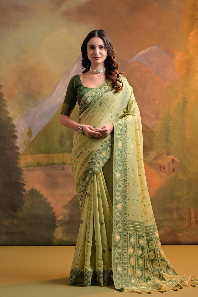 Green Geometric Printed Woven Soft Muga Cotton Saree