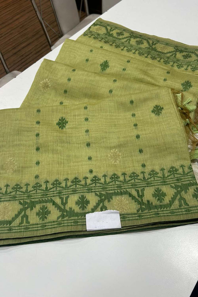 Green Geometric Printed Woven Soft Muga Cotton Saree