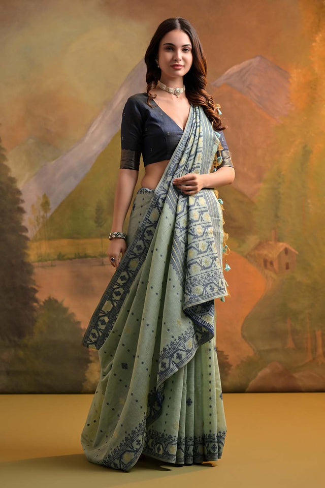 Turquoise Geometric Printed Woven Soft Muga Cotton Saree