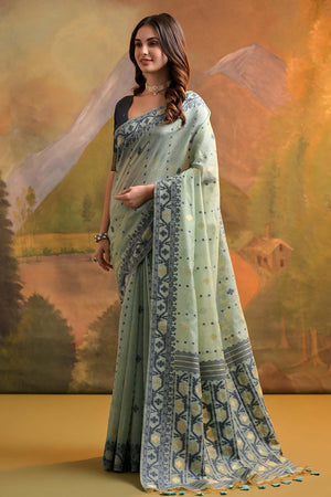 Turquoise Geometric Printed Woven Soft Muga Cotton Saree