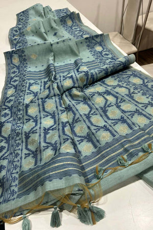 Turquoise Geometric Printed Woven Soft Muga Cotton Saree
