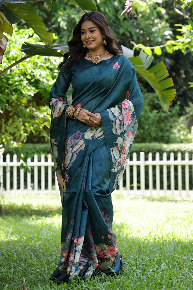 Blue Floral Printed Silk Saree