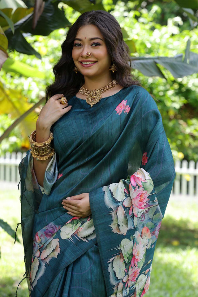 Blue Floral Printed Silk Saree