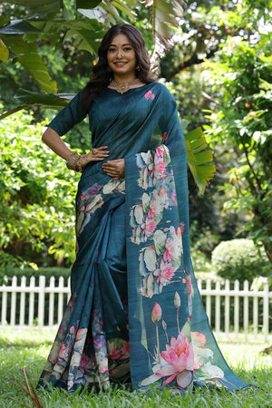Blue Floral Printed Silk Saree