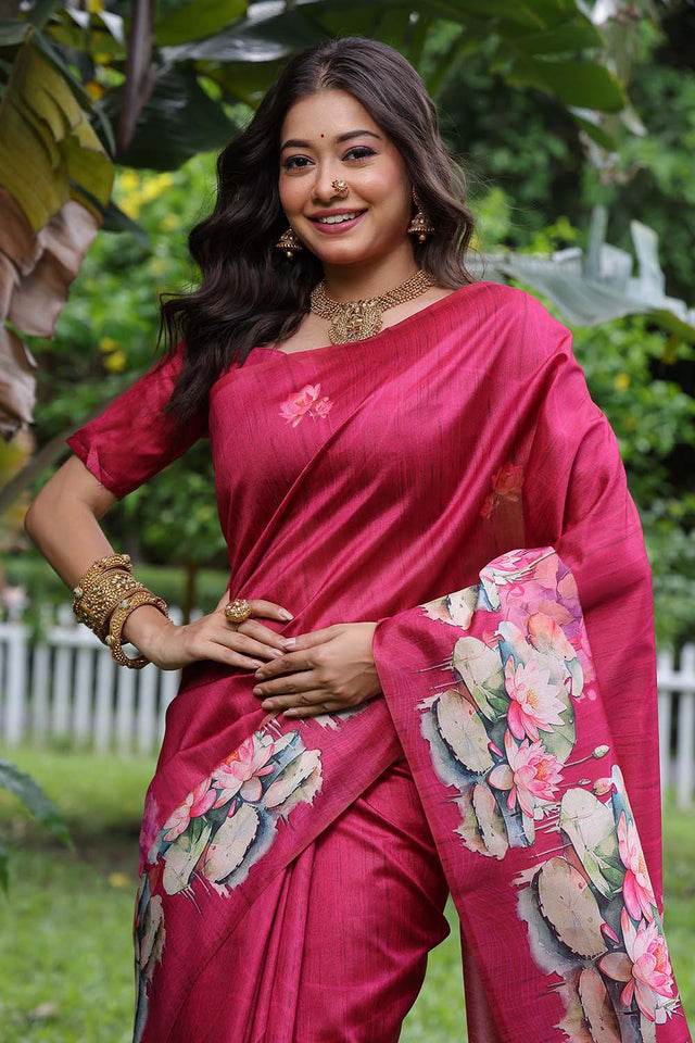 Pink Floral Printed Silk Saree