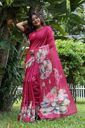 Pink Floral Printed Silk Saree