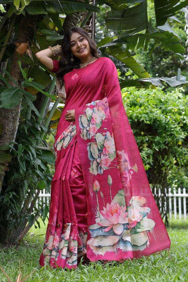 Pink Floral Printed Silk Saree