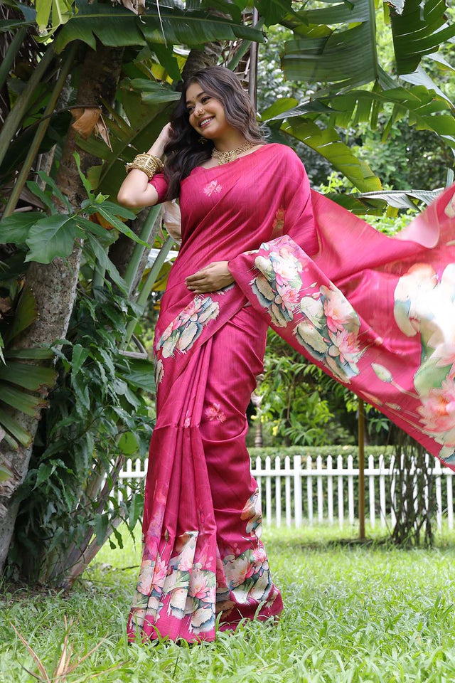 Pink Floral Printed Silk Saree
