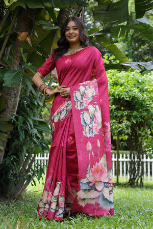 Pink Floral Printed Silk Saree